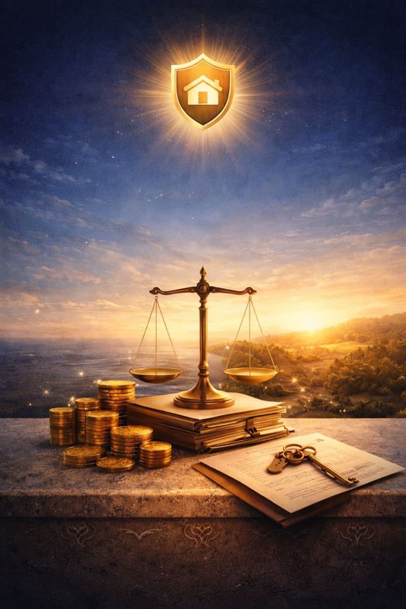 Coverillustration des Buches „Vermögen gestalten — Nachlass sichern“ von Andreas Sawall: goldene Waage mit Testament und Schlüssel über einer Landschaft im Sonnenaufgang